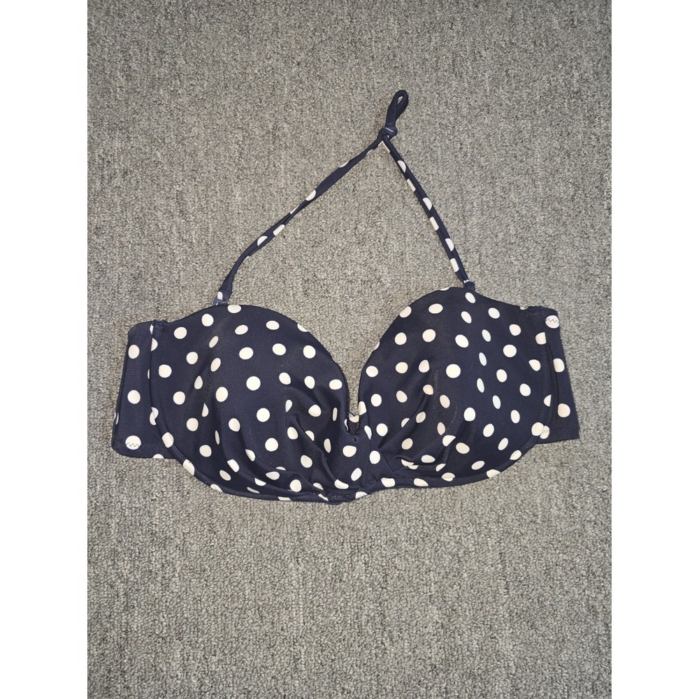 J Crew Navy Blue White Polka Dot Halter Bikini Top Padded Wired Size 36C